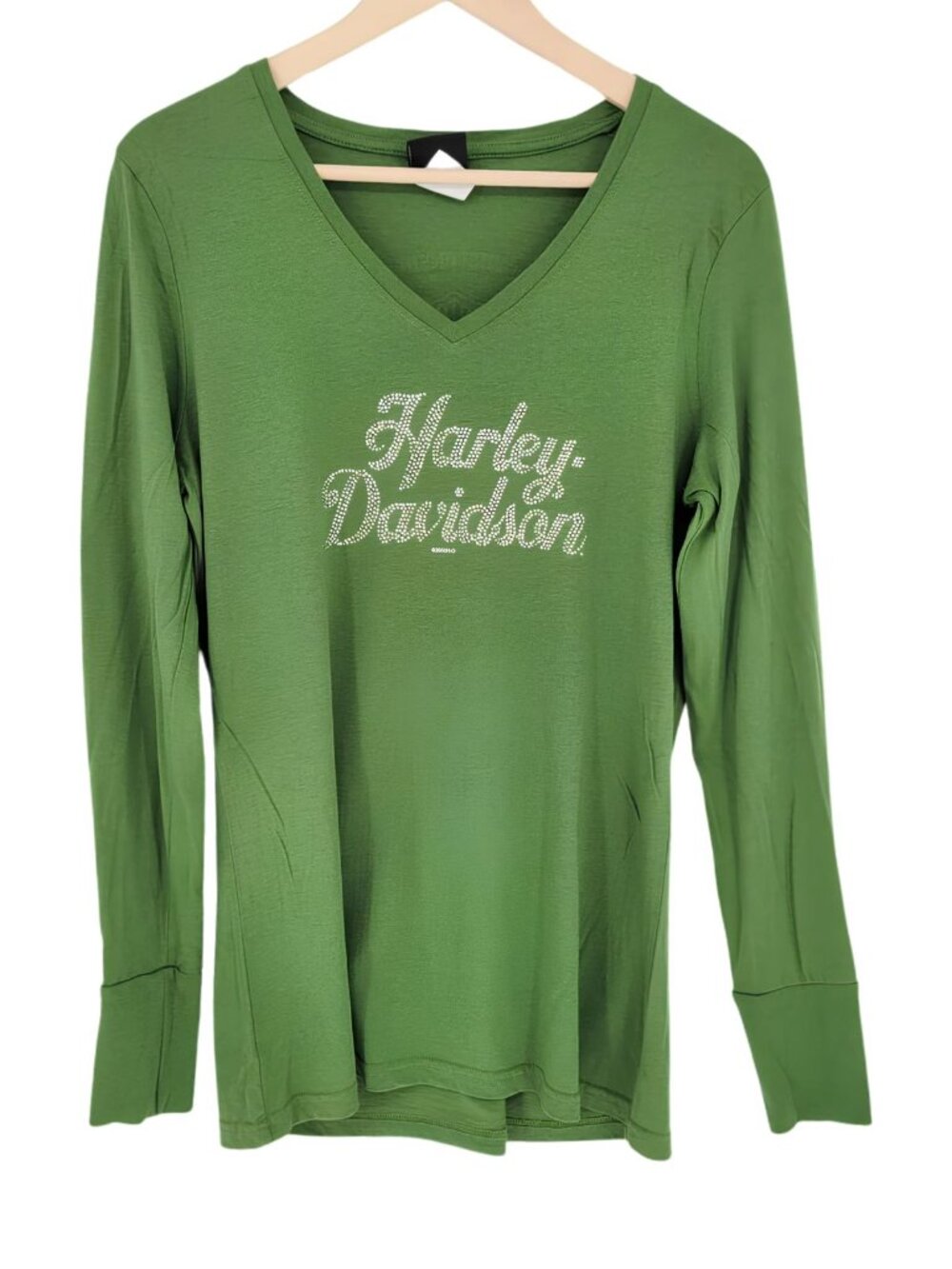 Harley Davidson Womens 2XL Green Olive Rhinestone Logo Long Sleeve Shirt V-Neck